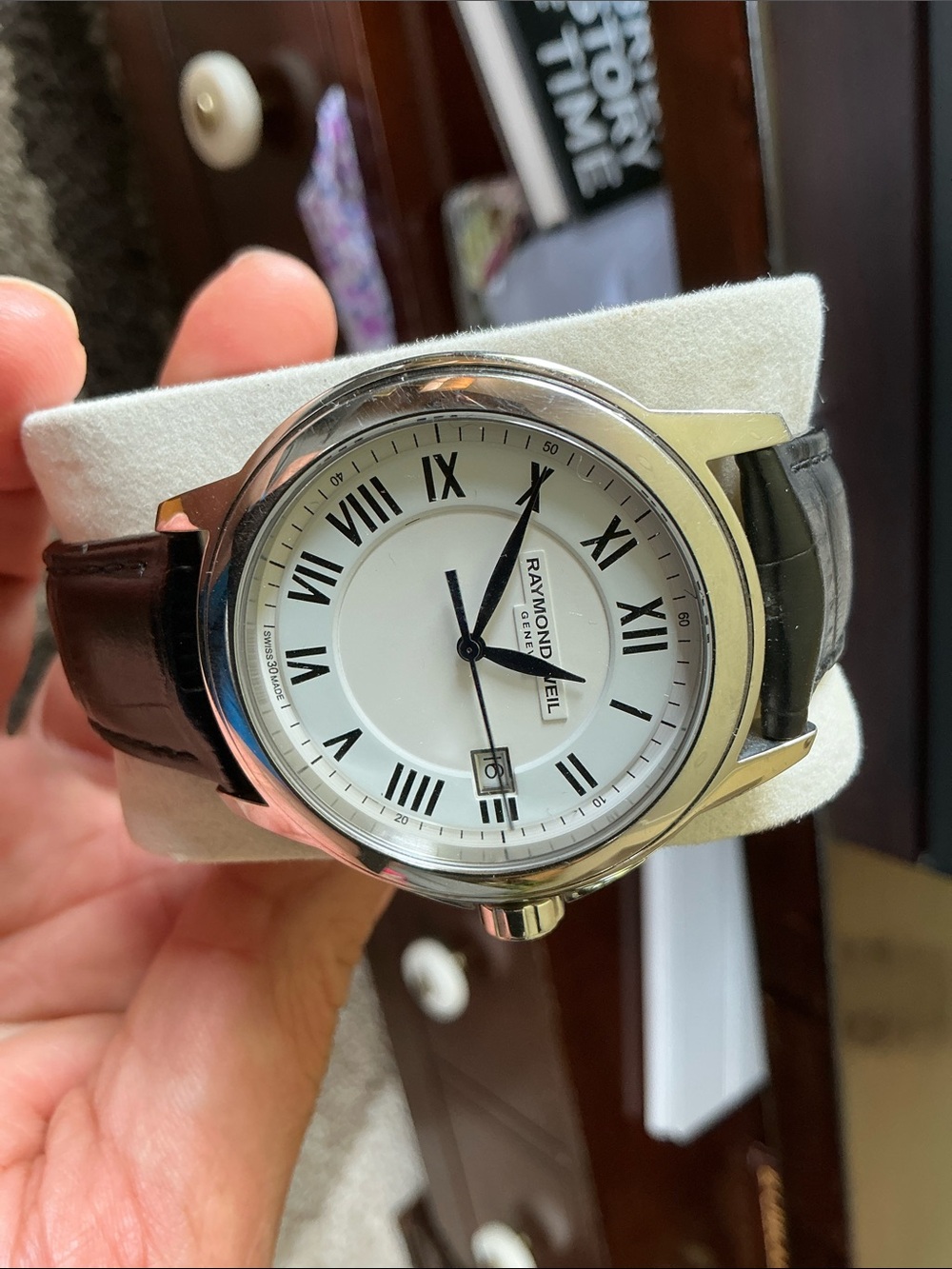 Raymond Weil Silver Case White Dial Watch with Black Leather Strap
